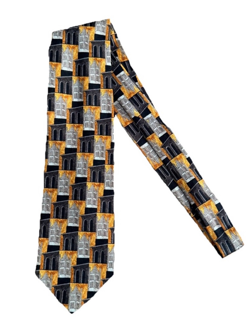 Ermenegildo Zegna Silk Tie Mens Gold Black White Made in Italy Geometric Print